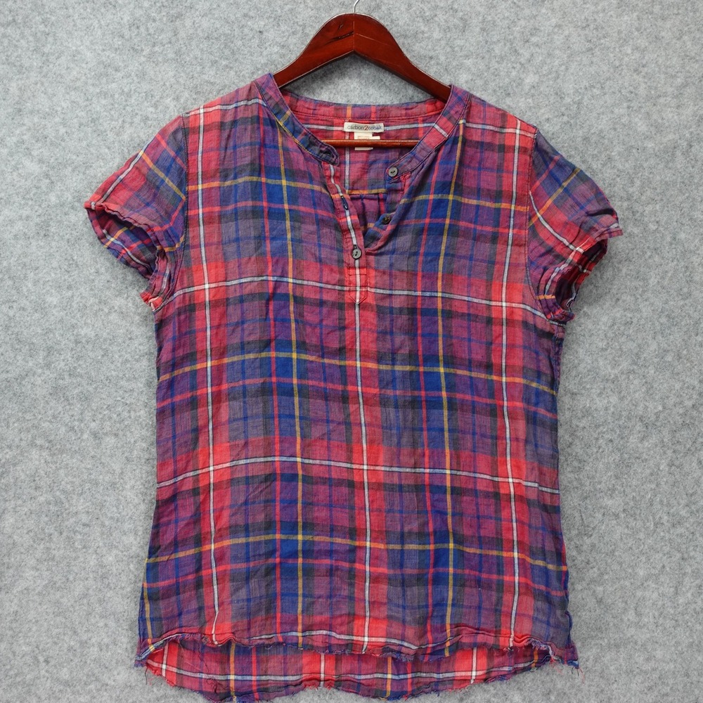 Womens Plaid Henley Shirt S Linen Red Blue Boho Beach Coastal Top Carbon2Cobalt